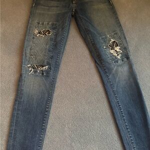 Hudson Jeans Blue Skinny Jeans with Patterned Patch Distress